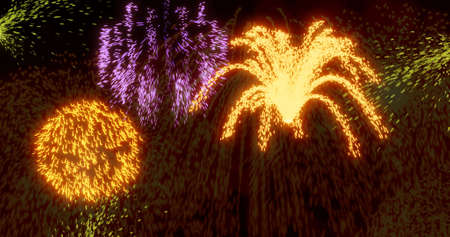 Fireworks display in the night sky. Firework explosion isolated on black. New Year's background.の写真素材