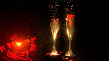 Valentine's Day background with wine glasses and red heartsの写真素材