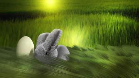 Easter bunny rabbit with chicken egg in the meadow. 3D render illustration.の写真素材