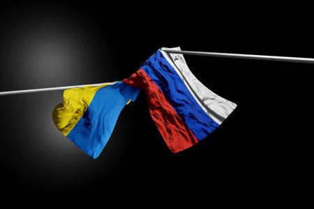 Ukraine Russia war conflict crisis concept. Ukrainian and russian flag.の写真素材
