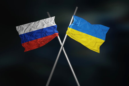 Ukraine Russia war conflict crisis concept. Ukrainian and russian flag isolated on black. 3D render illustration.の写真素材