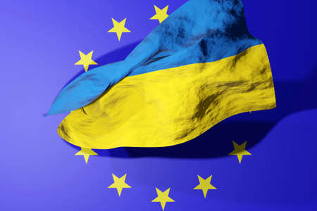 Ukraine joining European Union. Ukrainian flag with EU sign. 3D render illustration.の写真素材