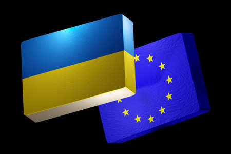 Ukraine joining European Union. Ukrainian flag with EU sign. 3D render illustration.の写真素材