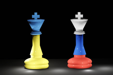 Ukraine Russia war conflict crisis 2022. Ukrainian and russian flag painted on chess king. 3D render illustration.の写真素材