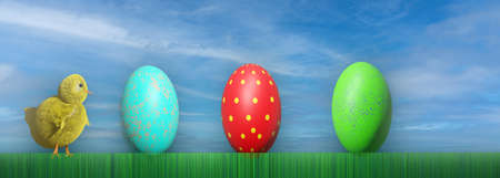 Easter background with baby chicken and eggs in the grass. 3D render illustration.の写真素材