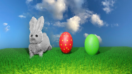 Easter background with baby rabbit and eggs in the grass. 3D render illustration.の写真素材