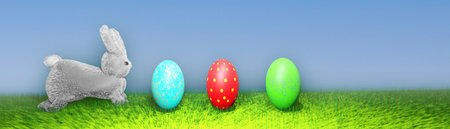 Easter background with baby rabbit and eggs in the grass. 3D render illustration.の写真素材