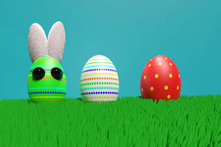 Easter background with eggs and bunny. 3D render illustration.の写真素材
