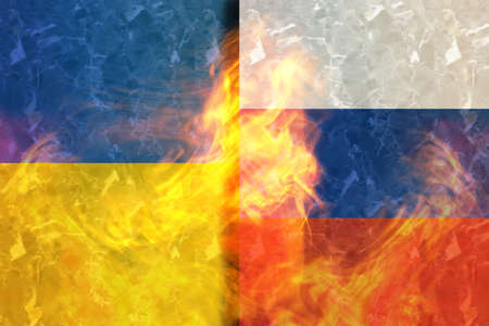 Ukraine Russia war conflict crisis concept. Ukrainian and russian flags burning in fire. 3D render illustration.の写真素材