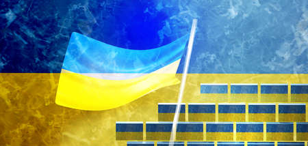 Ukrainian flag with a brick wall under construction. 3D render illustration.の写真素材