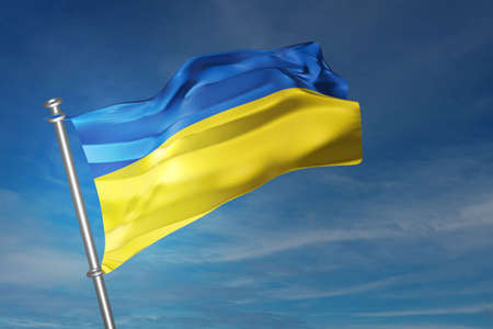 Ukrainian flag waving on blue sky background. 3D render illustration.の写真素材