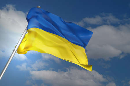Ukrainian flag waving on blue sky background. 3D render illustration.の写真素材
