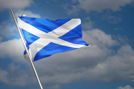 Scottish flag waving in the wind on blue sky background. Flag of Scotland, Saltire. 3D render illustration.の写真素材