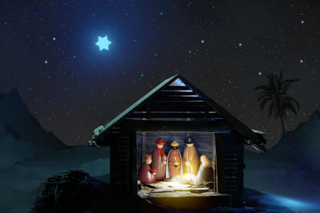Christmas Nativity Scene with Baby Jesus in manger, Virgin Mary and Joseph in Bethlehem. Birth of Jesus Christ.の写真素材