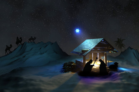 Christmas Nativity Scene with Baby Jesus in manger, Virgin Mary and Joseph in Bethlehem. Birth of Jesus Christ.の写真素材