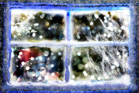 Christmas winter window with Santa Claus, Christmas Tree with decoration and falling snow outside. christmas card. 3D render illustration.の写真素材