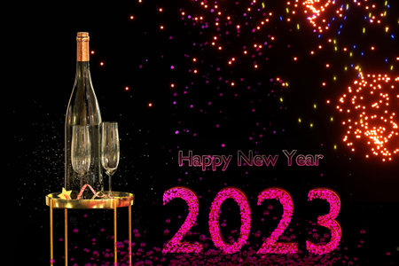 New Year's background with champagne bottle with glasses and Happy New year 2023 text on fireworks background.の写真素材