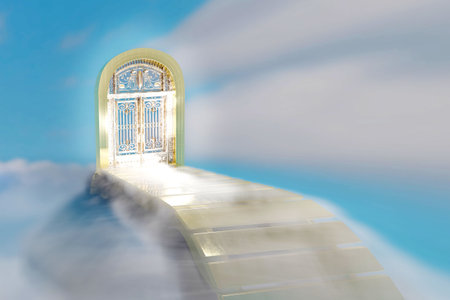 Heaven's gate with golden stairs and door in the blue sky with white clouds. 3D render illustration.の写真素材