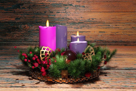 Advent - Christian religion. Christmas wreath with candles and decorations.の写真素材