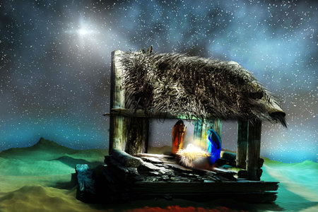 Nativity Scene in Bethlehem with Baby Jesus in manger, Virgin Mary and Joseph. Birth of Jesus Christ. Christmas background.の写真素材