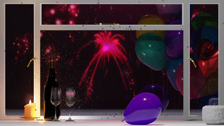 New Year celebration with champagne bottle, glasses, balloons and firework display outside the window. New Year's background.の写真素材