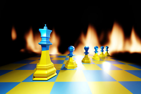 Ukraine flag on chess pieces with chess king and pawns on fire background. Leadership, bravery and victory of Ukraine concept. 3D render illustration.の写真素材