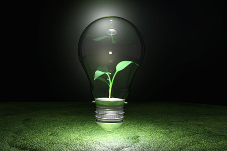 Light bulb with little plant inside. Green alternative energy concept friendly to the environment. 3D render illustration.の写真素材