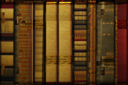 Pile of old books in library. 3D render illustration.の写真素材