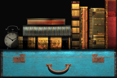 Old vintage books with alarm clock on a suitcase. 3D render illustration.の写真素材