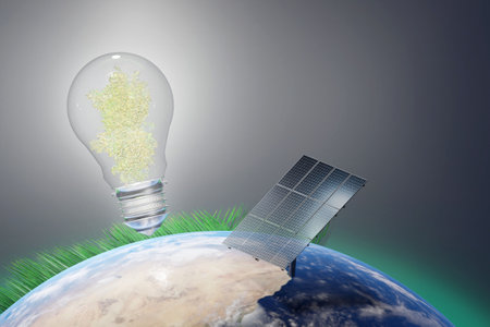 Eco friendly renewable green energy concept. Environmental Protection, Sustainable Energy Sources. Environmental Friendly tree inside light bulb. 3D render illustration.の写真素材