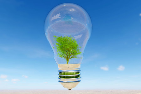 Eco friendly renewable green energy concept. Environmental Protection, Sustainable Energy Sources. Environmental Friendly tree inside light bulb. 3D render illustration.の写真素材