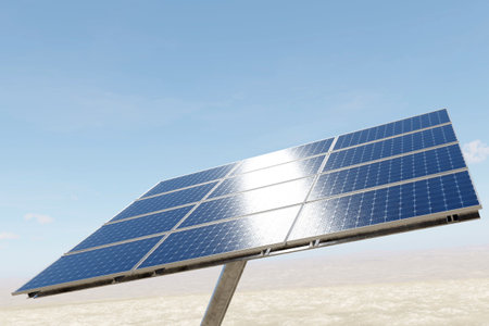 Solar panels on blue sky background. 3D render illustration.の写真素材