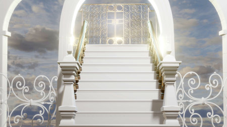 Stairs to Heaven. Heaven's gate. wedding background. White steps with door.の写真素材