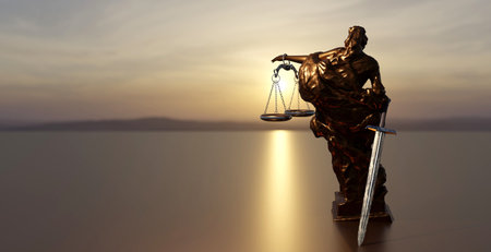 law theme. Justice with a sword and a scale on sunset background. 3D render illustration.の写真素材