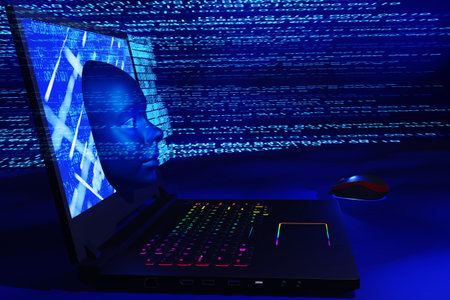 Big data and artificial intelligence concept. Cyber machine head comes out of the computer monitor. 3D render illustration.の写真素材