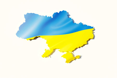 Ukraine map colored with Ukrainian flag isolated on white background. 3D render illustration.の写真素材