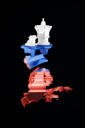 Broken chess king painted in russian flag isolated on black background. Defeat concept. 3D render illustration.の写真素材