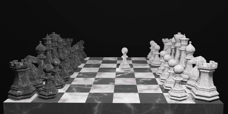 Chess pieces on a chessboard. First move concept. Competition and teamwork idea.の写真素材