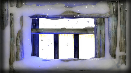 Winter window with falling snow outside and frozen ice. Christmas background. 3D render illustration.の写真素材