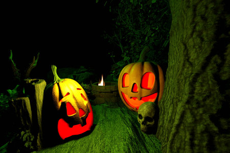 Halloween background. Halloween carved pumpkins glowing in the night forest.の写真素材