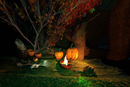 Halloween background. Halloween carved pumpkins glowing in the night forest.の写真素材