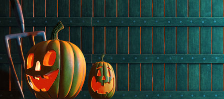 Halloween background with Jack o Lantern. Pumpkins on a wooden background. 3D render illustration.の写真素材