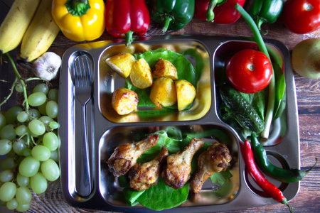 Ready to eat roasted grilled chicken wings with baked potatoes and vegetables in a plate. Food background. Top view.の写真素材