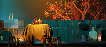 Halloween party background with pumpkin on a table, wooden fence and decorations. 3D render illustration.の写真素材