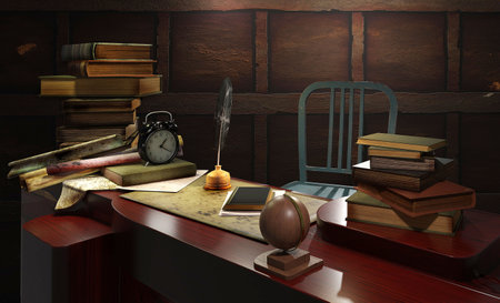 Stack of old books on wooden desk in vintage office roomの写真素材