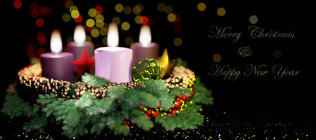 Christmas background with candles and decoration and Merry Christmas text. 3D render illustration.の写真素材