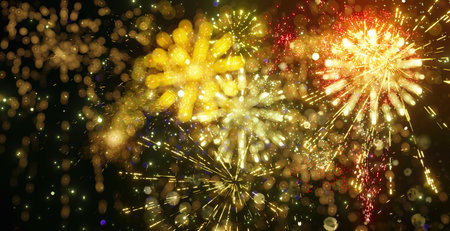 Fireworks celebration. Fire works explosion display on black background.の写真素材