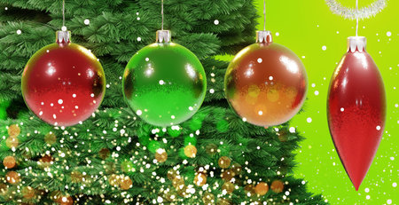 Christmas background with balls, pine branches and falling snow.の写真素材