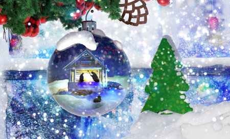 Christmas background with ball and Nativity Scene in Bethlehem with baby Jesus in manger, Virgin Mary and Joseph. 3D render illustration.の写真素材