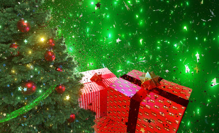 Decorated Christmas tree and gift boxes on festive background with copy space. 3D render illustration.の写真素材